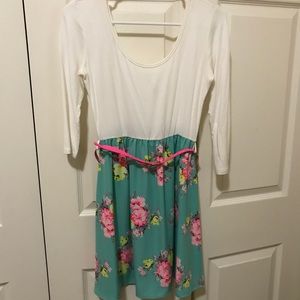 Agaci white and floral mini dress with pink belt